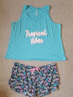 Secret Treasures Turquoise Tank & Navy Palm-Print Shorts Sleep Set